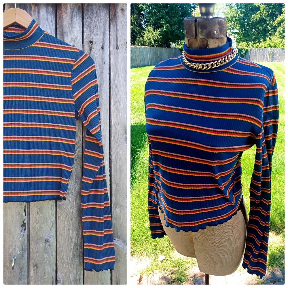 Vintage 90s thermal colorful striped long sleeve mock collar top - womens size S